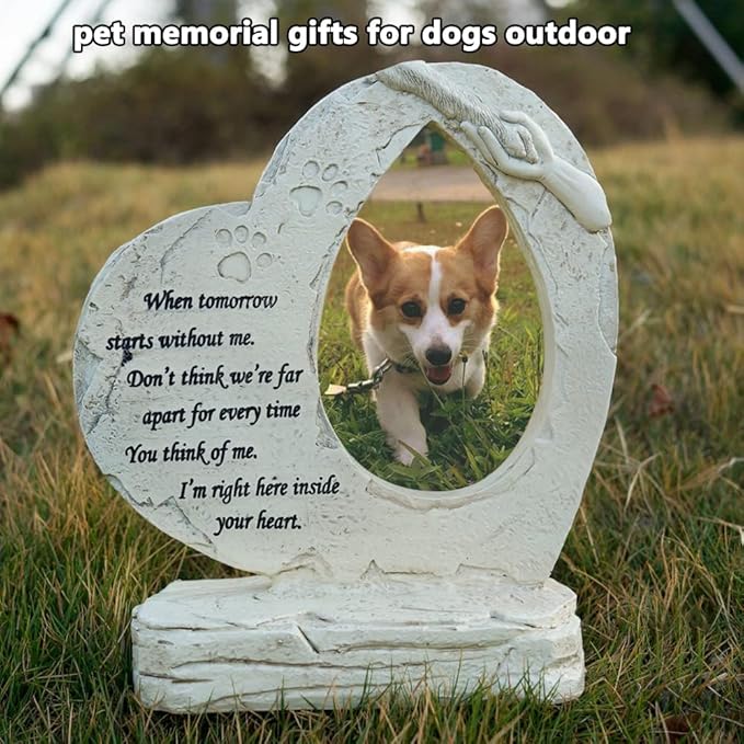 jinhuoba Heart Shaped Pet Memorial Stones for Dogs, Pet Dog HeadStones Grave Stones with Photo Frame, Loss of Pet Dog Sympathy Gifts Memorial Gifts Passing Away Gifts Outdoor or Indoor