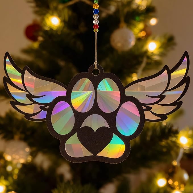 Dog Loss Sympathy Gift with Card, Memorial Gifts for Loss of Dog, Angel Pet Memorial Suncatcher, Rainbow Bridge for Loss - Winged Paw Shape