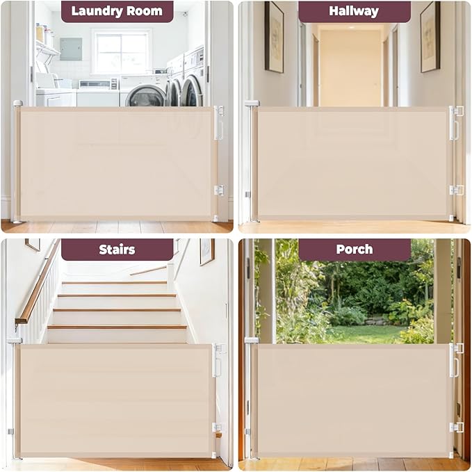 Retractable Baby Gates for Doorways, 58" Extra Wide Mesh Child Dog Gate for Stairs, 34" Tall Toddler Pet Gate Indoor and Outdoor, Easy Install, Essential for Home Safety, Beige