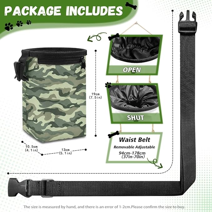 Camo Pet Treat Pouch Dog Treat Bag Pet Training Treat Bag Dog Treat Carrier Holder Pet Feed Snack Reward Bag with Waist Belt Shoulder Strap