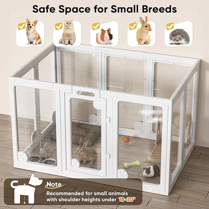 Clear Acrylic Dog Play Pen Indoors 30โ, 10 Panels Transparent Puppy Playpen with Door for Small Dogs Puppies, Modular Plastic Pet Playpen Cage Fence Crate for Cat Kitten Rabbit, White