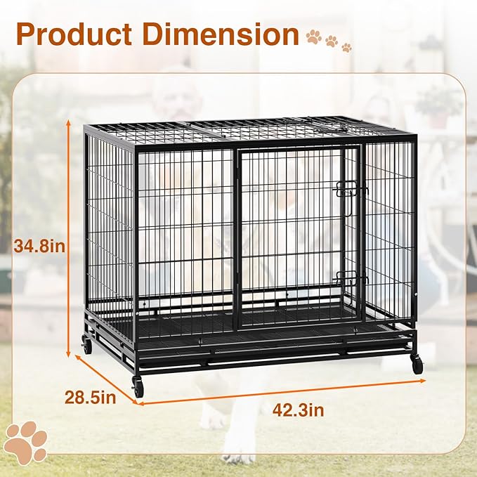 Dog Crate Cage for Large Dogs Heavy Duty 48/42/36Inches Dog Kennel Pet Playpen for Training Indoor Outdoor with Plastic Tray Double Doors & Locks Design (42")