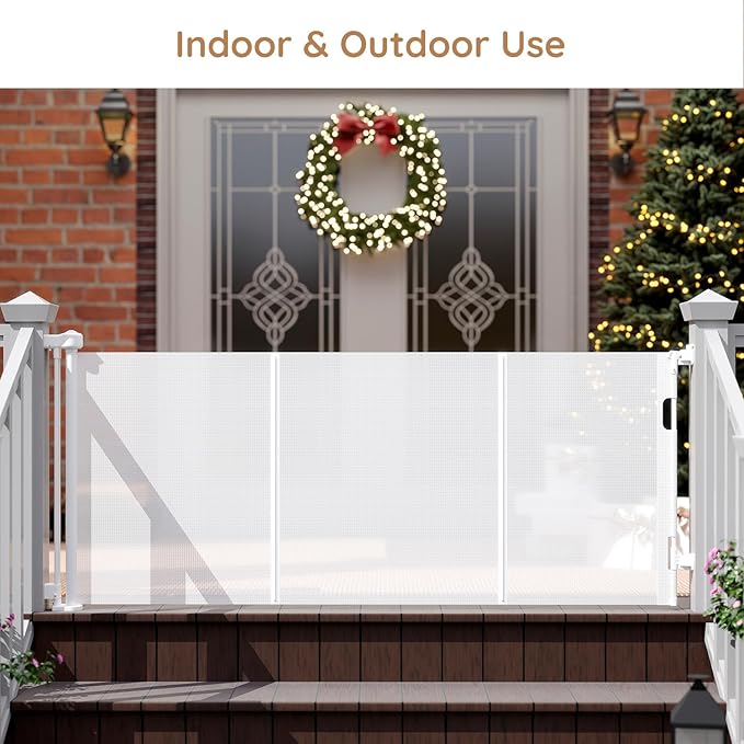 One-Hand Operation Retractable Baby Gates, 150 inch Retractable Gate with Reinforced Strip Design to Prevent Crawling Through, 12 FT Extra Wide Retractable Dog Gate for Indoor/Outdoor