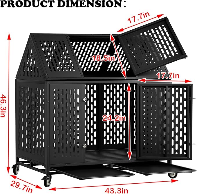 44 inch Indestructible Heavy Duty Dog Crate, Escape-Proof Indoor Impact Dog Cage for Large Medium Dogs, High Anxiety Pet Kennel with 2 Trays, 4 Wheels, 4 Locks and Double Door, XL