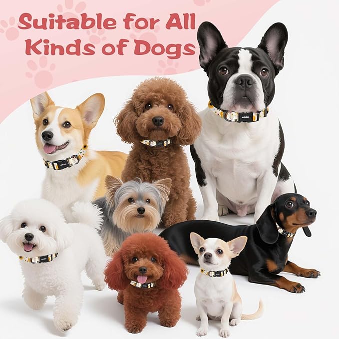 Kazazoo Dog Collar Cute and Soft Nylon Puppy Collar for Boy and Girl, Adjustable Dog Collars for Small Medium Dogs, Ladybugs and Flowers-M