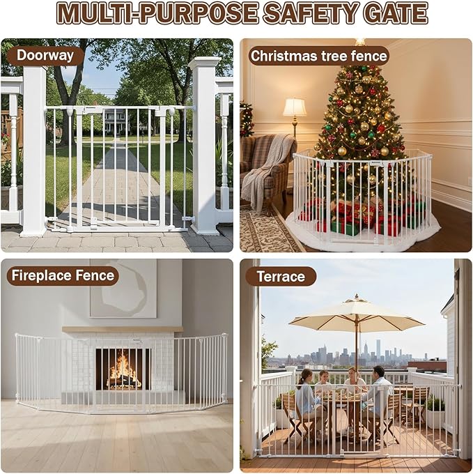 Mumeasy 126" Extra Wide Baby Gate for Doorways, Stairs & Fireplace, Auto Close Safety Dog & Pet Gate with Walk Thru Door, Childproof Fence for Hallway Kitchen House Indoor Outdoor,5 Metal Panels,White