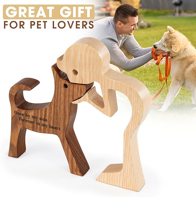 SENSUNIQ Dog Memorial Gifts, Cat Memorial Gifts, Wooden Carving Men and Dog Figura, Once by My Side Forever in My Heart - Sympathy Keepsake Dog Mom, Dog Dad for Loss of Pet (Dog and Man)