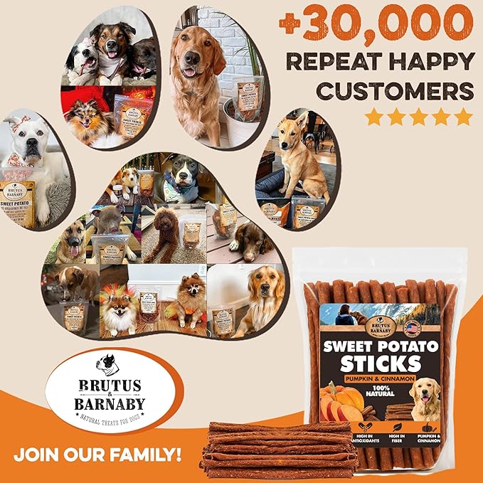BRUTUS & BARNABY USA Sweet Potato Dog Treats - Grain Free, Cinnamon Pumpkin Crunchy Sticks are Great Tasting, Promotes Positive Dog Gut Health with Natural Anti-Diarrhea Properties,(2lb Bag)