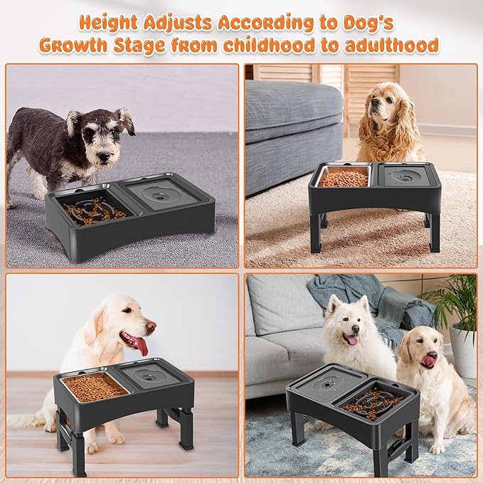 Decflow 3-in-1 Elevated Dog Bowls, 4 Height Adjustable Raised with Stainless Steel, Slow Feeder, No Spill Water Bowl, DIY Stickers Foldable Pet Bowl for Medium Large Dogs