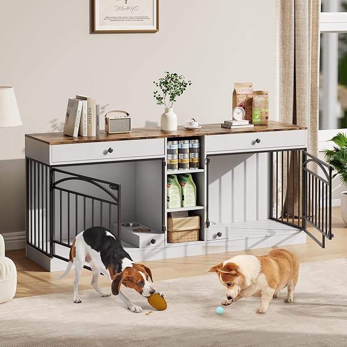 IDEALHOUSE 78.7" Double Dog Crate Furniture with Storage and 2 Doors, Dog Kennel Indoor with Feeding Bowls, Wood Dog Crate TV Stand for Small Medium Dogs, White