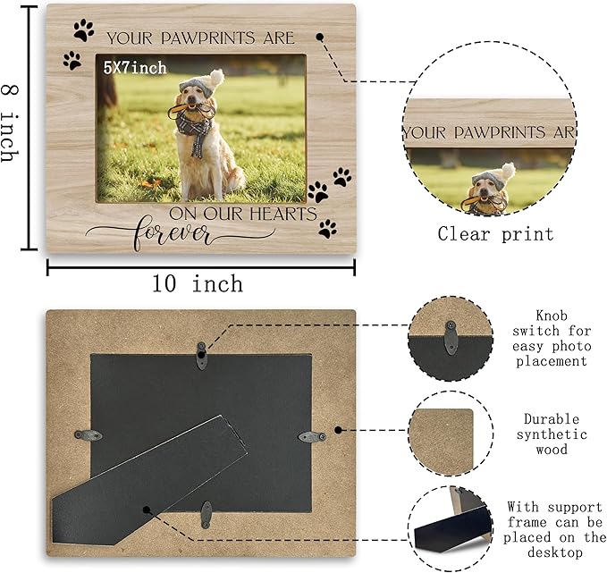 FONDCANYON Your Pawprints are Forever in Our Heart Pet Memory Picture Photo Frame,Pet Dog Cat Memorial Picture Frames,Pet Loss Sympathy Gift,Passed Away Dog Memorial Gifts(5x7 Inch Photo) (Color3)