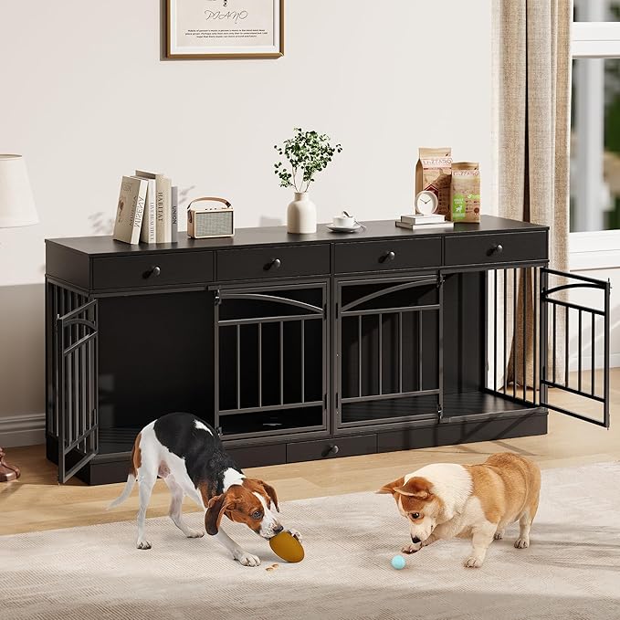 IDEALHOUSE 78.7" Double Dog Crate Furniture with Storage and 4 Doors, Dog Kennel Indoor with Feeding Bowls, Wood Dog Crate TV Stand for Small Medium Dogs, Black