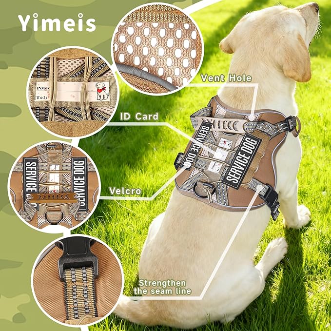 Service Dog Tactical Vest Harness and Leash Set Medium Sized Dog Emotional Support- Tactical Dog Harness Training Collar with Name (Khaki, L)