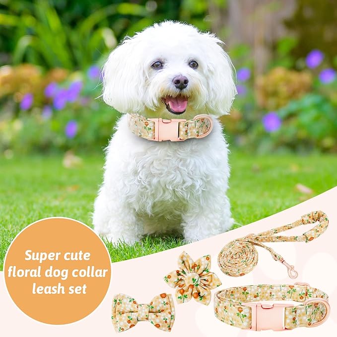 Dog Collar and Leash Set Girls Adjustable Puppy Collars with Floral Bow Tie for Small Medium Large Female Dogs, YellowFlower, M