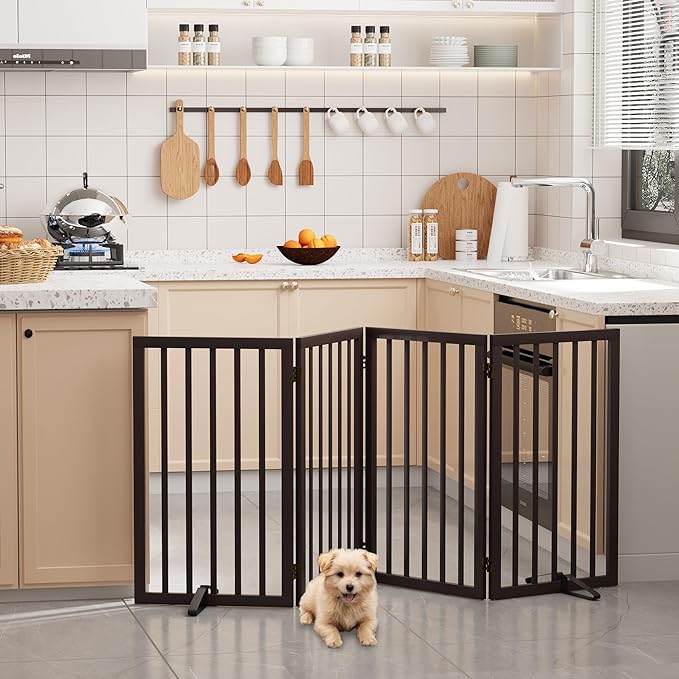 Freestanding Dog Gate Indoor 32“Tall, Foldable Dog Gates for Doorways, 4-Panel Pet Gates for Dogs with with 2 Metal Stands (74" W, Espresso)