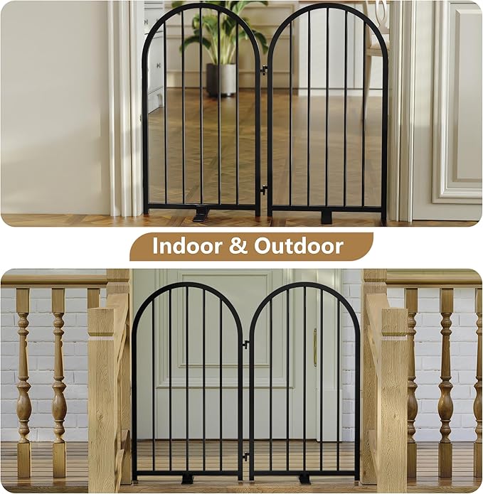 Full Metal Dog Gate for Indoor Outdoor, 32" Tall Free Standing Pet Dog Fence, 36" Wide Arched Pet Gates for Stairs, Hallways, Doorways, Kitchen, Decks, Yards (Black, 2 Panels)