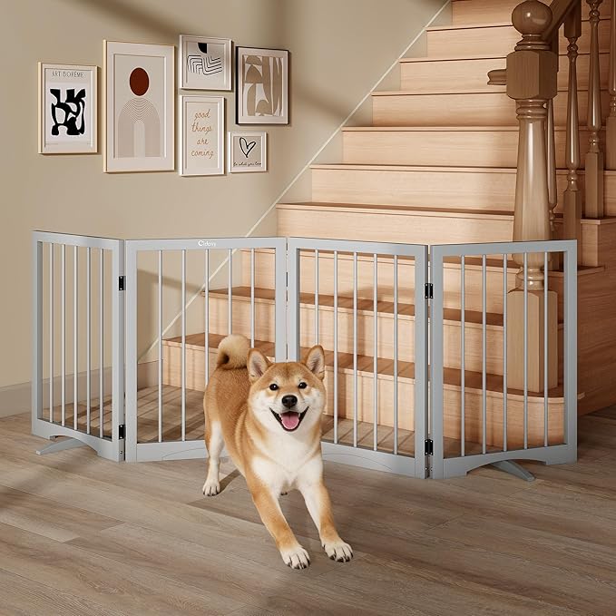 Free Standing Dog Gate Indoor, Foldable Dog Gate for Doorways Stairs Hallways,4-Panel Freestanding Pet Gate with Support Feet for Stability, Folding Puppy Gate Easy to Move, Doggy Gate 72"x24"