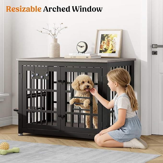 Lulive Dog Crate Furniture 37.8" Wooden Dog Kennel Table with Bowls Heavy Duty Dog Crates for Small/Medium/Large Dogs, Dog Kennel Furniture Indoor as TV Stand End Table,Grey