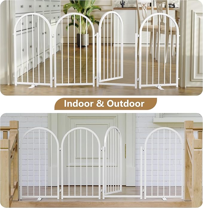 Full Metal Dog Gate with Door for Indoor Outdoor, 32" Tall Free Standing Pet Dog Fence, 72" Extra Wide Pet Gates for Stairs, Hallways, Doorways, Kitchen, Decks, Yards (White, 4 Panels)