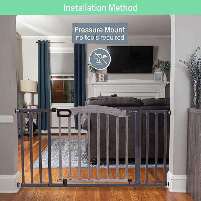 Summer Decorative Wood & Metal Pet and Baby Gate, 36" - 60" Wide, 32" Tall, Pressure Mounted, Install Wall to Wall or Doorway, Walk-Through Safety Gate - Gray
