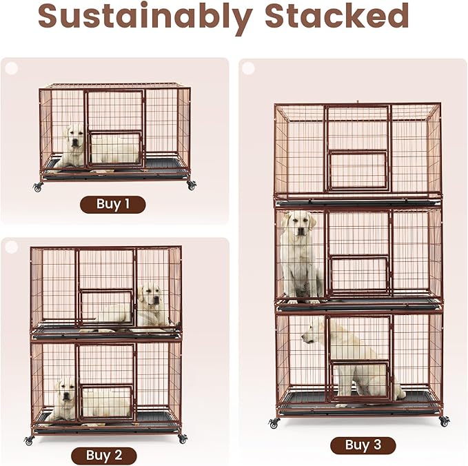 Gardner Pet 32 inch Stackable Heavy Duty Dog Crate,Indestructible Escape-Proof Dog Kennel for Small Dogs,High Anxiety Dog Cage with Upgraded Lockable Wheels,Removable Tray & Triple Door,Brown