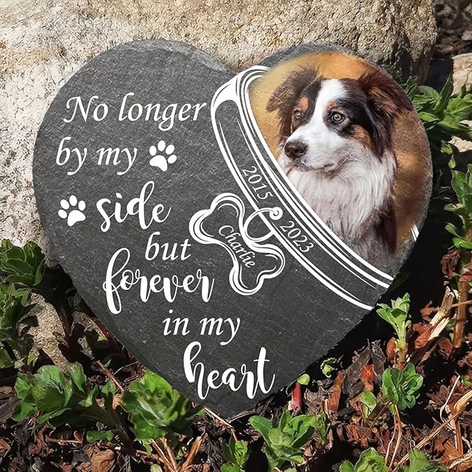 Wrappiness Pet Memorial Stone - Forever in My Heart, Personalized Dog Memorial Gifts, Remembrance Condolences Bereavement Gifts for Loss of Pet Custom Photo (Heart 05, Stone)