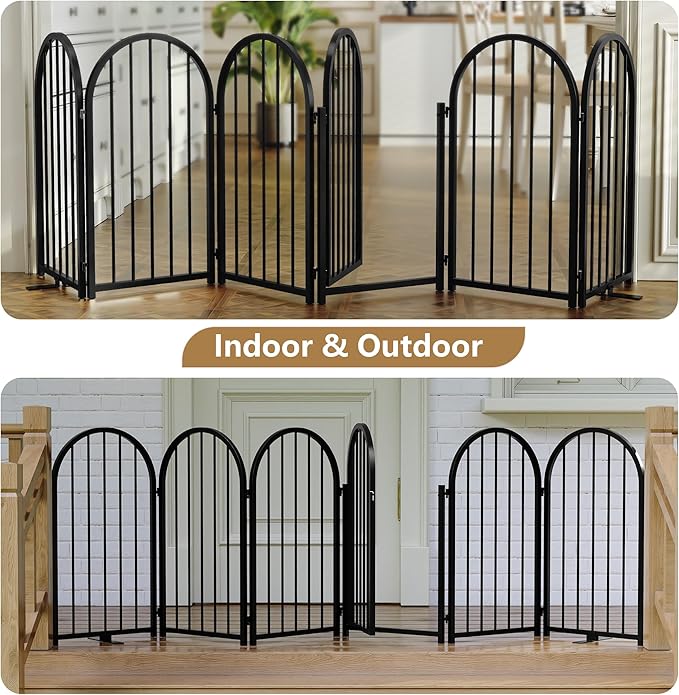 Full Metal Dog Gate with Door for Indoor Outdoor, 32" Tall Free Standing Pet Dog Fence, 108" Extra Wide Pet Gates for Stairs, Hallways, Doorways, Kitchen, Decks, Yards (Black, 6 Panels)
