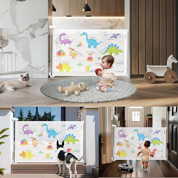 Retractable Baby Gate Kid Safety 34" Tall x 55” Wide, Mesh, for Stairs, Doorways, Dogs, Pets, Indoor, Outdoor, One-Handed Operation, Locking, Easy Install, Hardware Mount, Dinosaurs