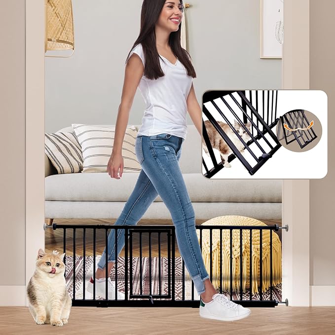 18" Height Short Dog Gate Adjustable18-48" Extra Wide Dog Gate with Small Cat Door,Pet Gate with 4 Extension Kits Pressure Mounted for Doorways & Stairs (Black, 18" Height)