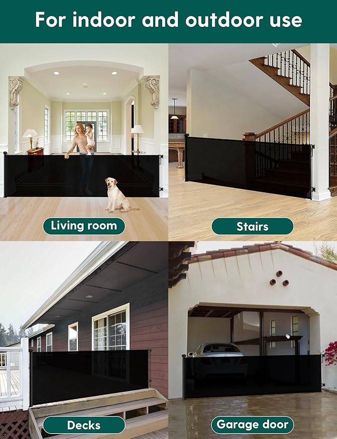 34'' Tall 122'' Extra Wide Retractable Baby Gates for Large Openings, Momssy Child Safety Mesh Gate, Long Dog Gate for Indoor/Outdoor Stairs Hallways Deck Patio Garage Door (Black)