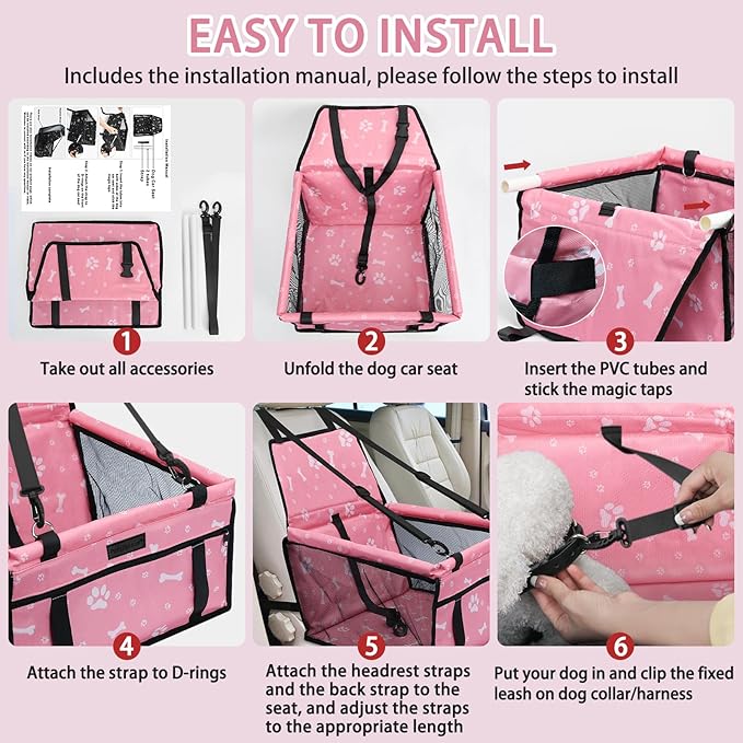 PetsHome Dog Car Seat Foldable Dog Car Booster Seat Waterproof Breathable Oxford Travel Bag for Small to Medium Dogs, Puppies, and Pets-Pattern Pink+Mat