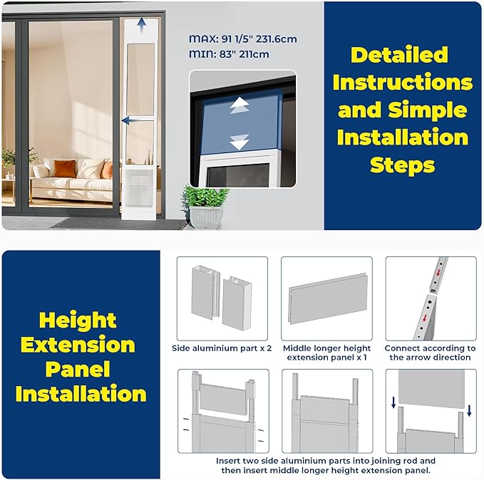Large Dog Door for Sliding Glass Doors,No-Cut DIY Install Pet Door- Aluminum Frame& Panel & Lock, Adjustable Height 83”-91 1/5”, Suitable for Dogs Up to 105 lbs -White