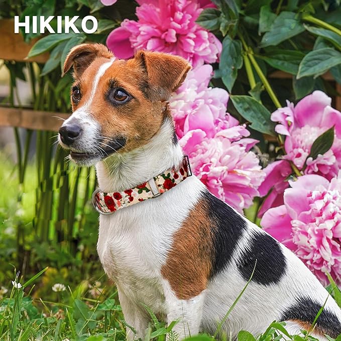 Hikiko Martingale Collar for Dogs with No Buckle Female Designer Floral Dog Collar Nylon No Pull Dog Collars for Small Dogs,Red Rose,S