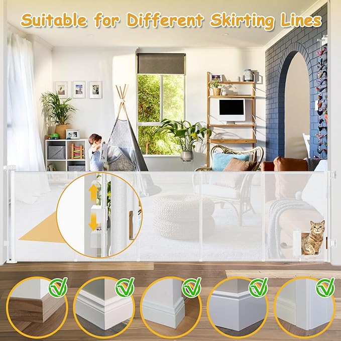 Reinforced 120” Extra Wide Baby Gate with Cat Door 33 Inch Tall Outdoor Pet Gates for Wide Openings 10 Ft Reinforced Retractable Dog Gates for Doorways Retractable Pet Gate Indoor with Cat Door, White