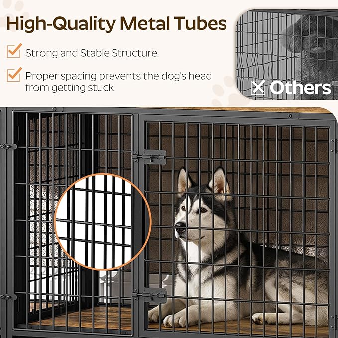 Foldable Dog Crate Furniture for 2 Dogs, 78.7'' Double Dog Kennel Indoor with Removable Divider, Heavy Duty Dog Cage, for Small/Medium/Large Dog, TV Stand, Rustic Brown DC200BR