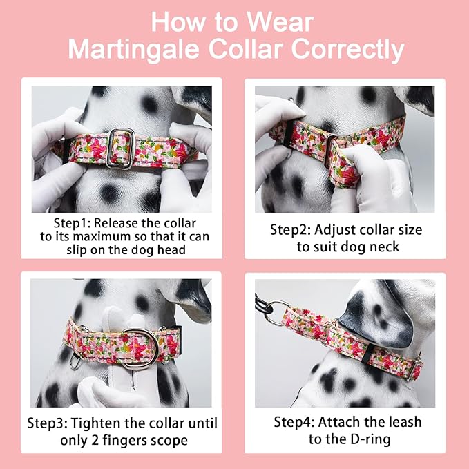 Reflective Martingale Collar for Dogs Nylon Training Collar with No Buckle Cute Floral No Pull Dog Collar for Medium Dogs(Pink Flower,M)
