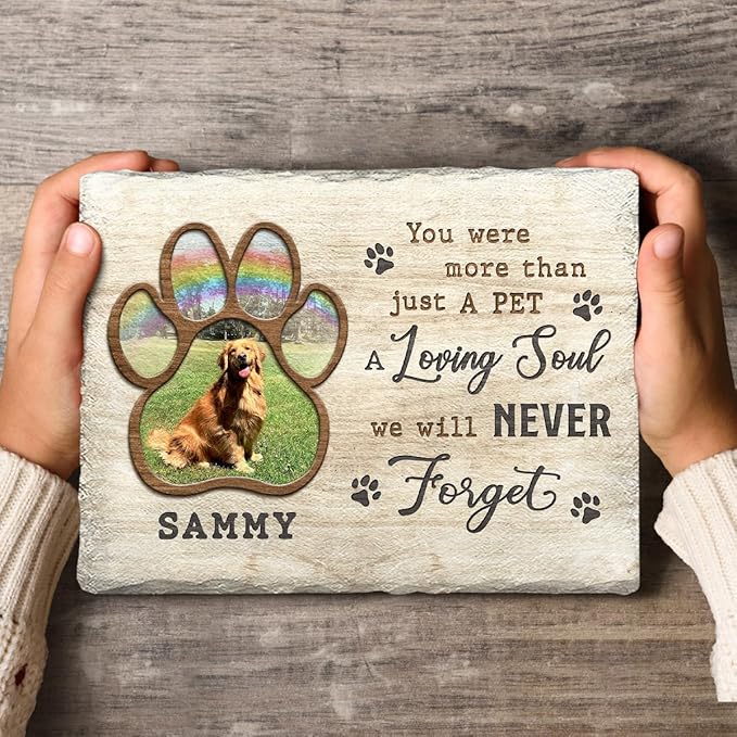 Dog Memorial Stone - Custom Rainbow Pawprint Stepping Stones - Bereavement Gift for Pet Lover - Personalized Dogs Photo with Meaningful Quotation Options - Sympathy Home Décor