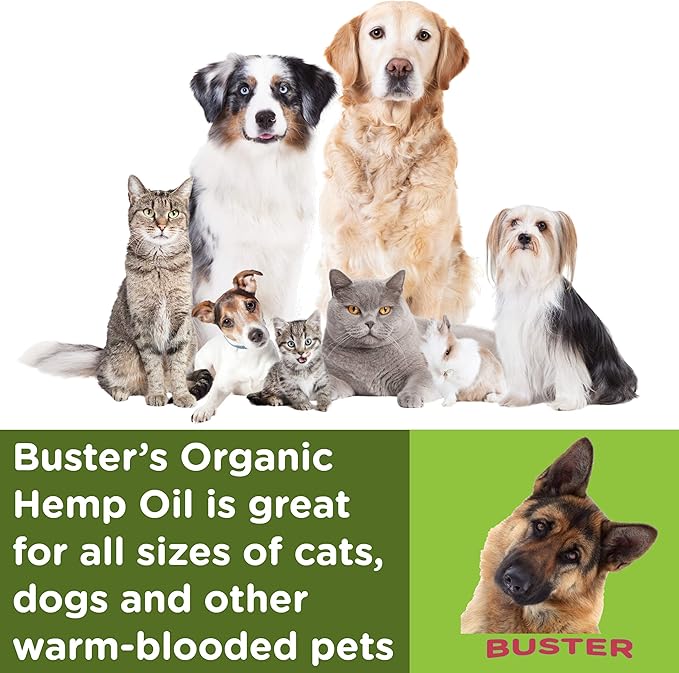 Buster's Organic Hemp Oil Large 60 Milliliters 2Pack 4Month Supply for Dogs Cats, Made in USA Omega Rich 3 6 and 9 Hip and Joint Health, Natural Relief, Calming