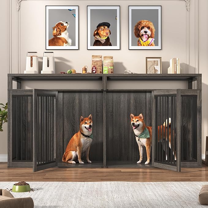 87In Farmhouse Dog Crate TV Stand, Wooden Dog Kennel Furniture with 2 Doors, Large Dog Crate Furniture for 2 Dogs, Solid Metal Tube & 4 Lockable Doors, Grey