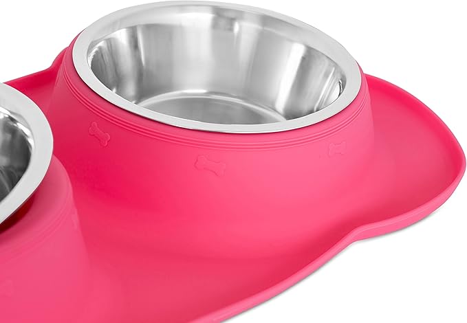 Internet's Best Bone Dog Bowl Set | Double Stainless Steel Pet Food Large Water Bowls | No Spill Silicone Stand | Large Medium Breeds | Pink