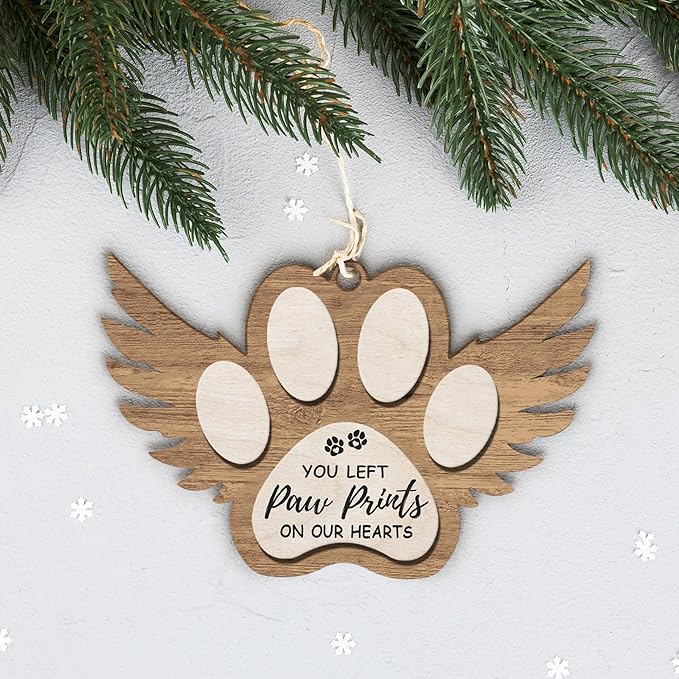 Angel Wings Paw Print Christmas Ornament – Pet Memorial Ornament for Dogs, Sympathy Gift for Bereaved Pet Owners, Remembrance Keepsake for Dog Lovers, Wooden Xmas Ornament