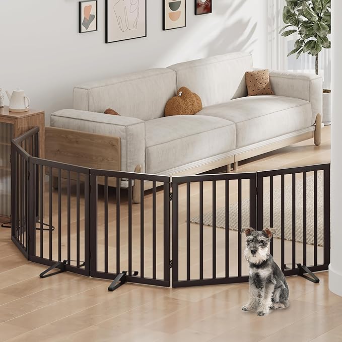 Dog Gates for Doorways, Foldable Dog Gate Indoor, Freestanding Pet Gates for Doorways Bedroom, Puppy Gate with Metal Support Feet, Room Divider 6 Panels (Brown)
