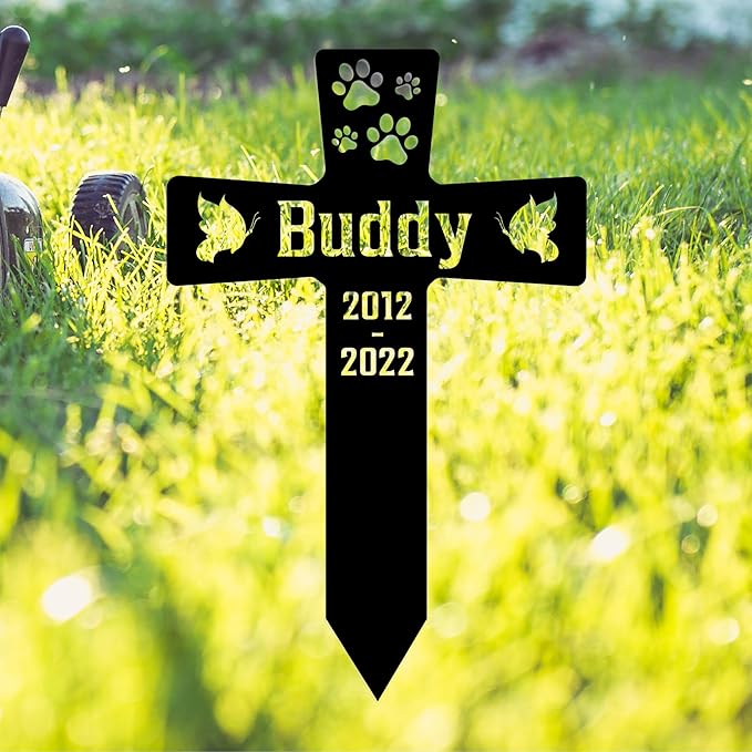 Custom Pet Paws Dog Memorial Cross Grave Marker, Personalized Pet Metal Memorial Stake for Cemetery Yard, Sympathy Grave Marker for Dog with Paws, Memorial Plaque Cemetery Garden Stake