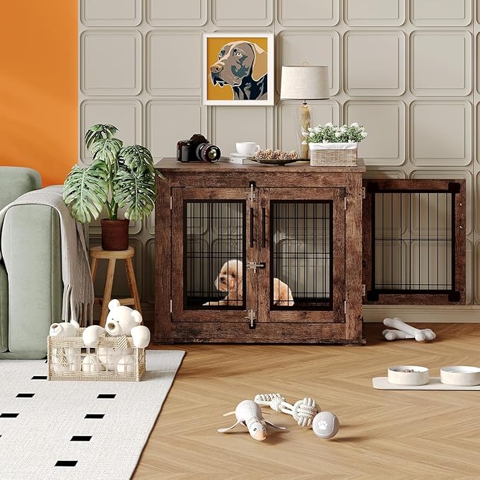 31" Inch Dog Crate Furniture, Small to Medium Pet Cage with Double Doors and Wheels, Chew-Resistant Wooden Indoor Dog House, Kennel Side End Table for Bedroom & Living Room, Rustic Brown