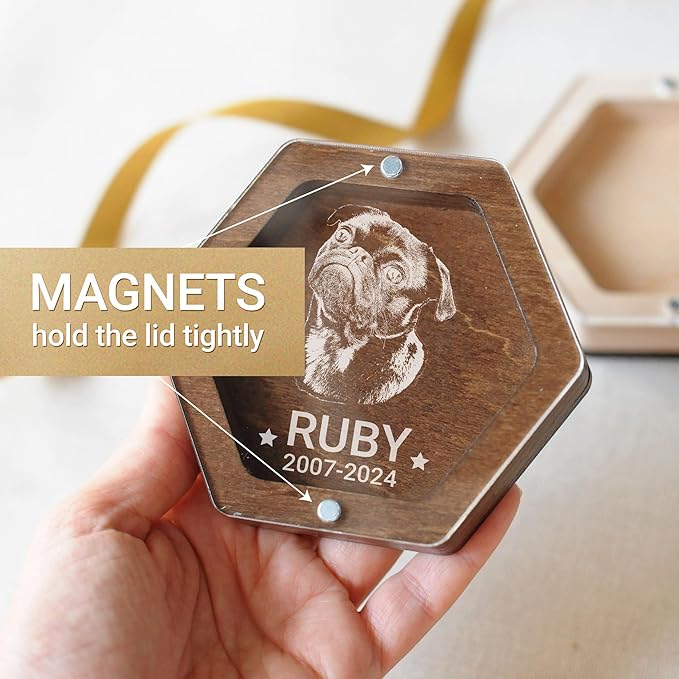 Personalized Pet Hair Keepsake Box for Dog and Cat Fur - Engraved Wood Memorial Box - Unique Customized Gift for Loss of Furry Friend Wooden (Dark Diamand Wood Lid, With Photo)