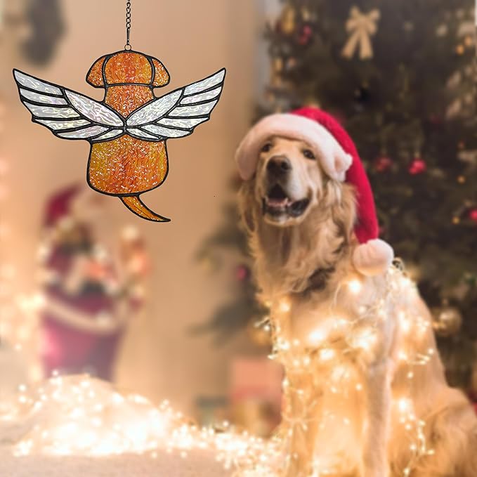 Stained Glass Angel Rainbow Wing Memorial for Loss of Dog, Dog Bereavement Gift (Orange)