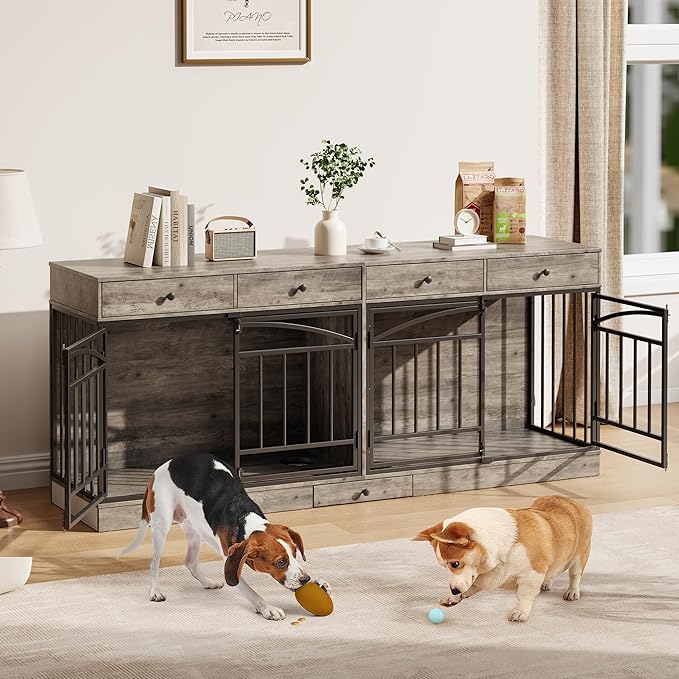 IDEALHOUSE 78.7" Double Dog Crate Furniture with Storage and 4 Doors, Dog Kennel Indoor with Feeding Bowls, Wood Dog Crate TV Stand for Small Medium Dogs, Grey