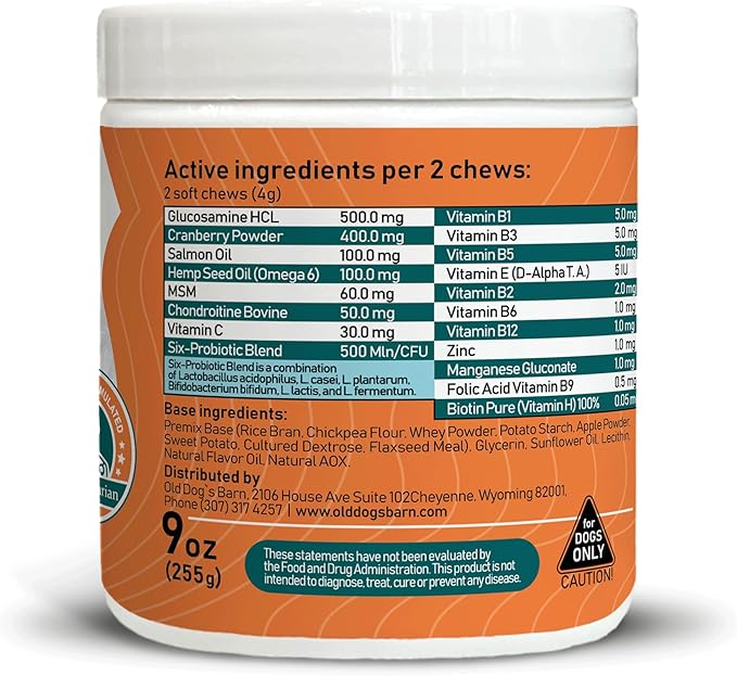 Old Dog's Barn Multivitamins 19 in 1 for Dogs – Glucosamine, Salmon Oil, Cranberry Powder, Hemp Seed Oil (Omega 6), MSM, Chondroitin, Vitamin C, Probiotics, Zinc & Folic Acid 120 Soft Chews