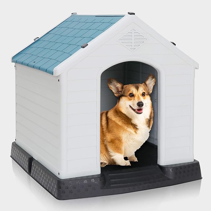 Durable Waterproof Plastic Dog House for Small to Large Dogs Indoor Doghouse Puppy Shelter with Air Vents and Elevated Floor, Outdoor Kennel for Yard, Patio, Garage, Easy to Assemble