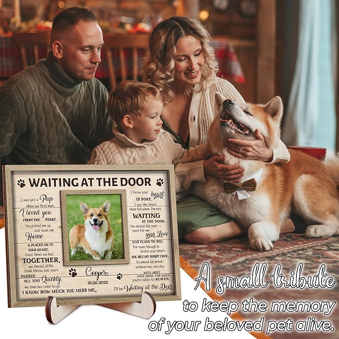 Pet Memorial Gifts for Dogs - Personalized Waiting at The Door Dog Memorial Picture Frame, Engraved Keychain, Pet Sympathy Card - Passed Away Sympathy Gift for Dog Lovers, Bereavement Decor Home